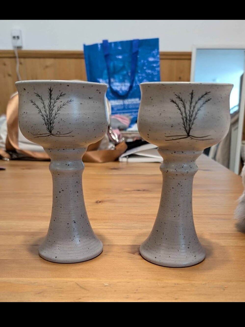Handmade Vintage Speckled Ceramic Goblets with Wheat Motif - Set of 2